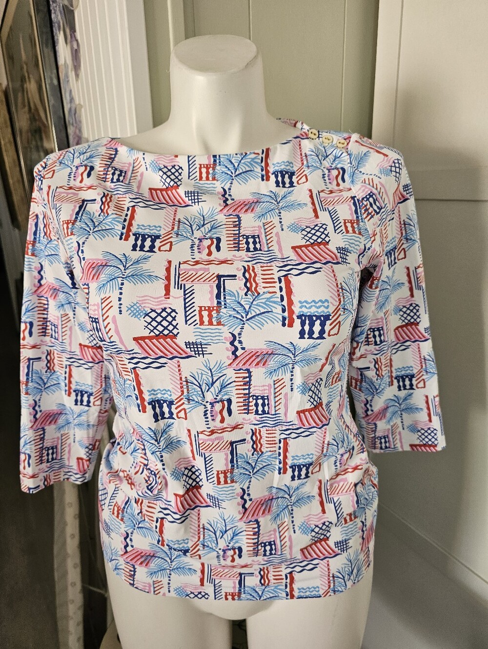 J. McLaughlin Wavesong Top Casa Palmera Catalina Cloth Blue Red NWOT Size L